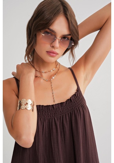 4740 Kadın Askılı Müslin Midi Elbise Kahve Kahve