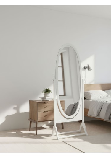 Rivoli Ayaklı Ahşap Oval Boy Aynası 58x165 Beyaz