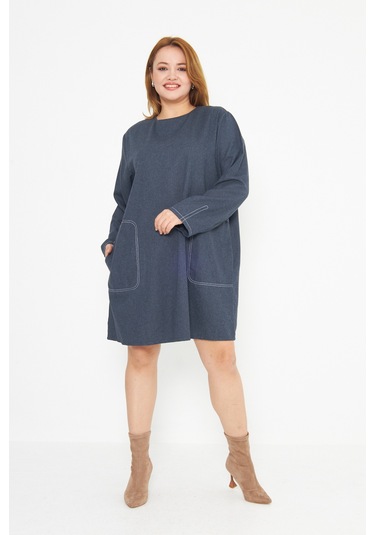 Koyu Mavi Dikiş Detaylı Büyük Beden Tunik Mavi