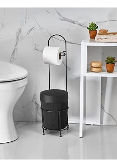 Kovalı Tuvalet Kağıtlığı, Çöp Kovalı Tuvalet Kağıdı Askısı, Banyo Çöp Kovası, Tuvalet Kağıdı Asma Aparatı Siyah