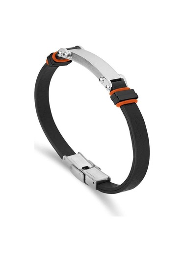 Ars076 Erkek Deri Çelik Bileklik Siyah