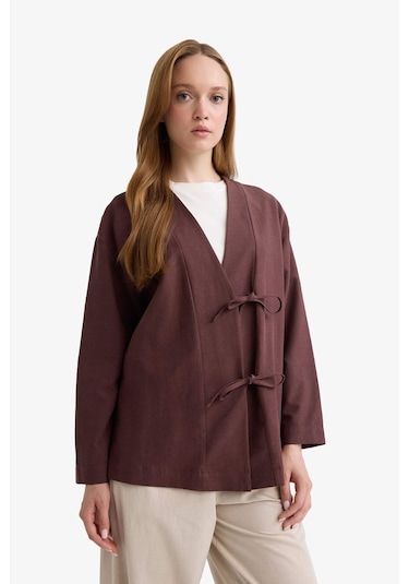 Defacto Regular Fit V Yaka Keten Karışımlı Kimono F7958ax25aubn328 Kahve