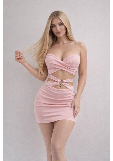 Pink Life Pudra Pembe Luna Halkalı Cut-out Mini Elbise