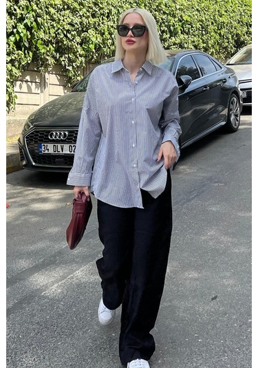 Madmext Siyah Çizgili Over Fit Gömlek Mg1525 Siyah