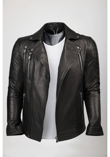 Derije Lucas Hakiki Jumbo Deri Erkek Siyah Biker Motorcu Tarzı Ceket-mont Siyah