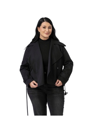 Büyük Beden Mono Yaka Kemerli Astarlı Kısa Siyah Trençkot Siyah