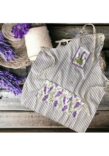 Lavanta Desen 4 Lü Mutfak Seti Mutfak Önlüğü, Fırın Eldiveni, E