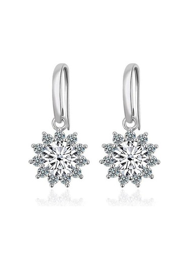 Beyaz Bagueringen Kadın Ayar Gümüş 925 Takı 1 Karat Mozanit Pırlanta Damla Küpe Ayçiçeği Şekilli Kulak Damlası Hediye