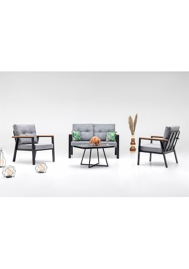 Mymassa Favori Bahçe Takımı - Metal Çay Seti Koltuk Takımı - Siyah