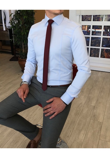 İtalyan Stil Slim Fit Saten Kravat Yaka Gömlek B Mavisi T4773 Buz Mavisi Buz Mavi