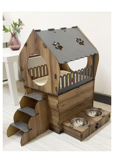 Missidea Dekoratif Teraslı Kedi Evi Ve Mama Kabı Seti