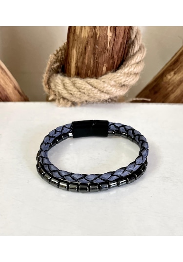 %100 Deri&hematit Erkek Bileklik Net 22cm Türk El Üretimi