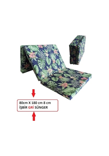Katlanir Kamp Yataği Çadir Yataği 80x180 8 Cm Işbir Gri Kalin Sünger Yeşil Yaprak Mavi - Yeşil
