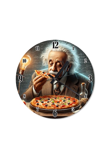 Albert Einstein Pizza Temalı Akarlı Duvar Saati