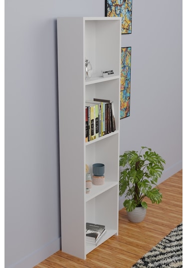 5 Raflı Kitaplık Arkalıklı Dar Raf Kütüphane 170 Cm Beyaz