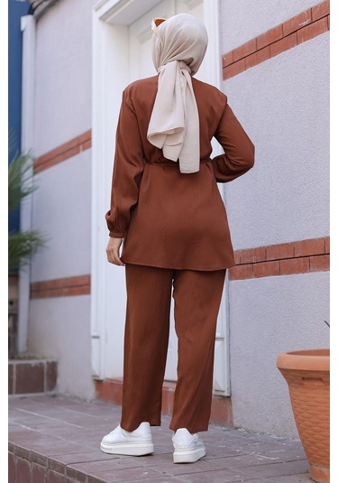 Hakim Yaka Detaylı Tesettür Kahverengi Takım Kahverengi