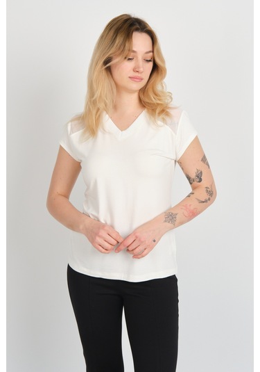 Sistas Kadın V Yaka Omuz Ve Sırt Tül Detaylı Kısa Kol Bluz 4148 Ekru Ekru