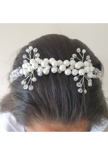 Beyaz Renk Incili Ve Kristal Boncuklu Gelin Tacı (549163085)