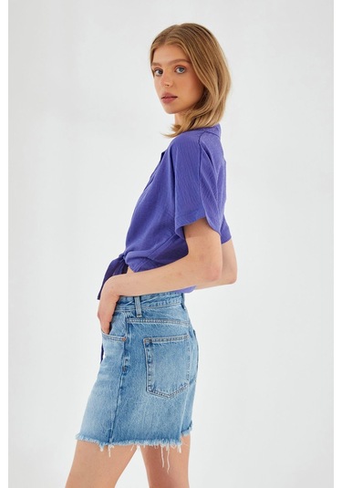 4230 Kadın Bağlamalı Yazlık Keten Gömlek Lila Lila