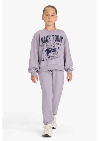 Defacto Kız Çocuk 2li Takım Baskılı Sweatshirt Eşofman Altı E6416a825aupr314 Mor