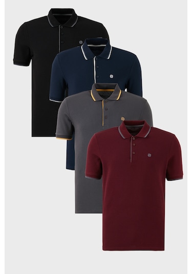Buratti Pamuklu Slim Fit Şerit Detaylı Düğmeli Polo Yaka 4'Lü Paket Erkek T Shirt 5902118S4 Siyah-Vişne-Antrasit-Lacivert