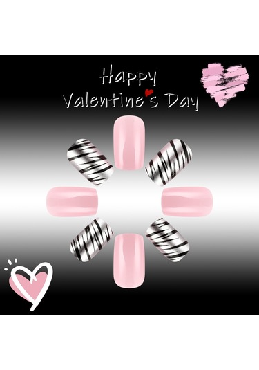 Kısa Günlük Bahar Manikürü Aşk Kontrast Renk Tırnak Siyah Pudra Çizgisi Tatlı Serin Parlak Takma Tırnak 24 Parça Dahil Araçlar Ys518