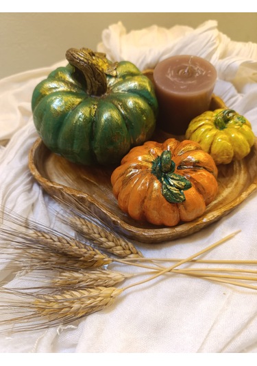 Kabak Figürlü Dekor Seti Doğal Masa Süsleri-kabak & Mum Seti-biblo Dekoratif Tepsili Set B Boy Yeşil Tepsili Set