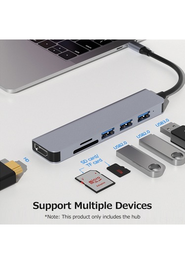 Samdoo Type-c 6-in-1 Hub Alüminyum Kasa - Usb3.0, 2xusb2.0, Hdmı 4k, Sd/tf Kart Okuyucu