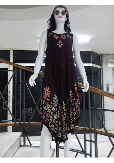 Sıfır Kol Yuvarlak Yaka Batik Desenli Elbise-9701 Yeşil