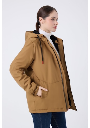 Kadın Taba İçi Kürklü Su Ve Rüzgar Geçirmez Kapüşonlu Kışlık Mont & Kaban & Parka Taba