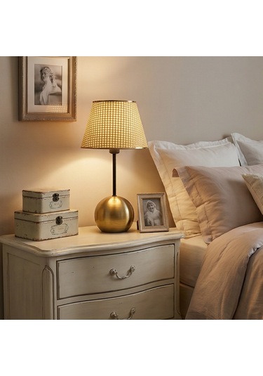 Dora Eskitme Gold Metal Ayaklı Abajur Hasır Başlıklı Vintage Gece Lambası