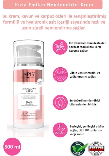 Apis Natural Karpuz ve Hyaluronik Asit İçeren Nemlendirici Bakım Kremi SPF15 100 ML