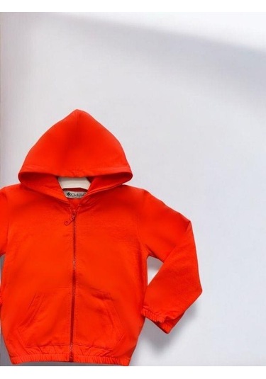 Kız Çocuk Fermuarlı Kapüşonlu Hırka-14376 Turuncu