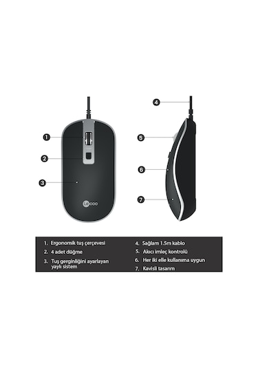 Lecoo MS104 USB Kablolu 1600DPI 4 Tuşlu PC, Mac, Dizüstü Bilgisayar ile Uyumlu Optik Mouse