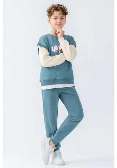 Erkek Çocuk Upper Baskılı 3 İplik Kalın Kışlık Eşofman Takımı Ak4231 Mavi