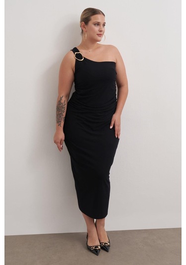 Metal Toka Detaylı Tek Omuz Elbise-3356 Siyah