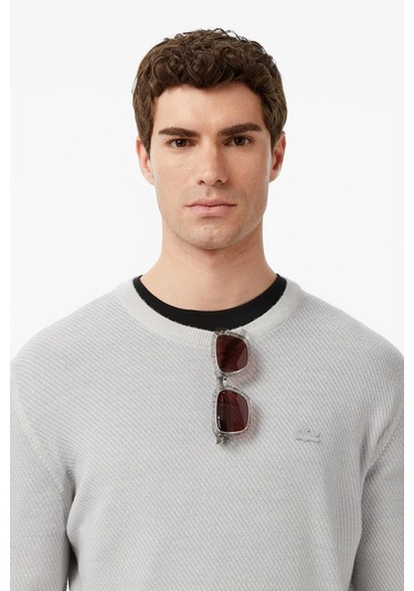 Lacoste Erkek Classic Fit Piramit Örgü %100 Yün Kazak Gri Gri