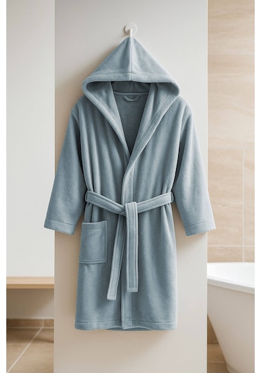Genç Kız / Erkek Çocuk Kapşonlu Garson Boy Kadife Bornoz %100 Pamuklu Gri