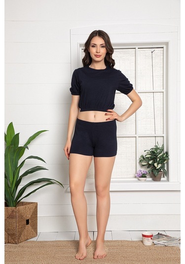 Kadın Göbek Üstü Kolu Ve Beli Lastikli Lacivert Renkli Penye Kumaş Şortlu Pijama Takımı 30111 Lacivert Kadın Göbek Üstü Kolu Ve Beli Lastikli Lacivert Renkli Penye Kumaş Şortlu Pijama Takımı 30111 Lacivert