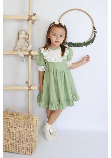 Kız Bebek Ruby Yeşil Fırfırlı Dantel Detaylı Kısa Kollu Elbise Bandana Takım Elb-0070.7 Yeşil