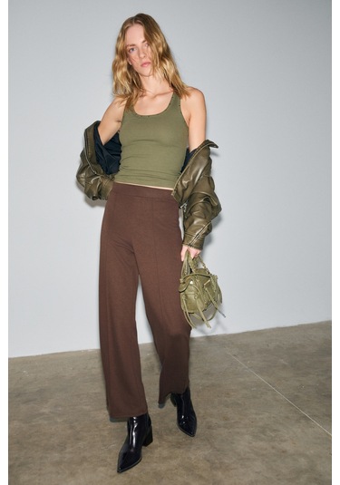 Grımelange Freda Kadın Kalın İnterlok Tok Ve Esnek Kumaşlı Flare Paça Önü Nervürlü Beli Lastikli Koy Koyu Kahverengi