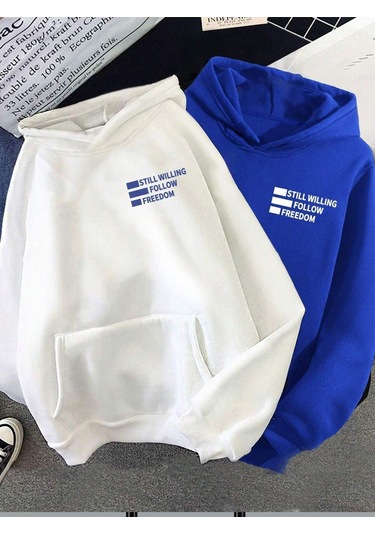 2'li Still Freedom Kalın Kışlık Sweatshirt - Beyaz Sax Mavi Baskılı Oversize Kapüşonlu Beyaz Sax Mavi