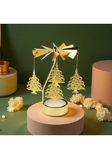 Çam Ağacı Temalı Tealight Mumluk Dekoratif Masa Üstü Aksesuar Gold