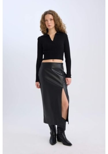 DeFacto Kalem Yüksek Bel Yırtmaçlı Suni Deri Midi Siyah Etek D3015AX24WNBK27 Siyah DeFacto Kalem Yüksek Bel Yırtmaçlı Suni Deri Midi Siyah Etek D3015AX24WNBK27 Siyah