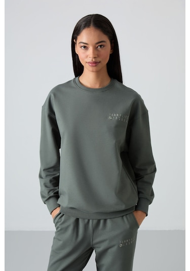 Tommy Life Çağla Basic Pamuklu O Yaka Oversize Lastik Paça Kadın Eşofman Takım - 95287 Çağla