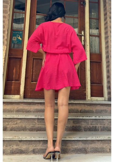 Fuşya Yaka Detaylı Kloş Elbise Fuşya