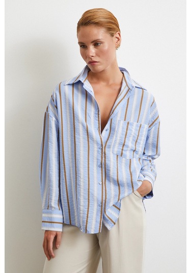 Kahve Çizgili Gömlek Mavi Mavi