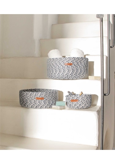 Koza Home Cesta El Yapımı Pamuklu Gri Antrasit Hasır Dekoratif Sepet 3lü Se