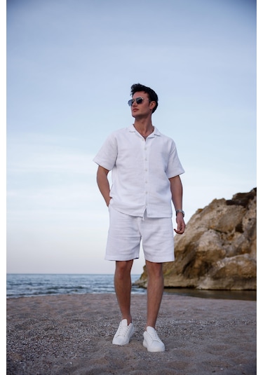 Beyaz Renk Gömlek Şort Erkek Keten Takım-1765 Beyaz