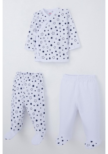 Breeze Erkek Bebek Hastane Çıkışı 3 Lü Yıldız Desenli 0-4 Ay, Beyaz Beyaz